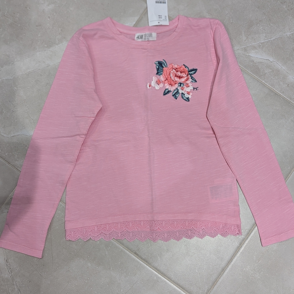 2/$20 New H&M Pink Long Sleeve Shirt • Floral Embroidery • Size 6–8